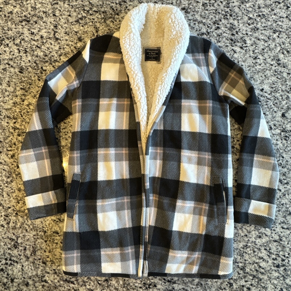 Abercrombie & Fitch Jacket Faux Sherpa Lined Black Pink Plaid Open Front Woman S